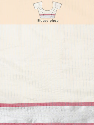 Off-White Silver Striped Set Saree with Silver-Golden Buttas and Red-Edged Kasavu Border