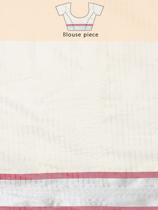 Off-White Silver Striped Set Saree with Silver-Golden Buttas and Red-Edged Kasavu Border