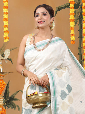 Off-White Silver Striped Set Saree with Silver-Green Buttas and Green Border Accent