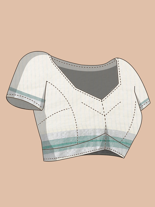 Off-White Silver Striped Set Saree with Silver-Green Buttas and Green Border Accent