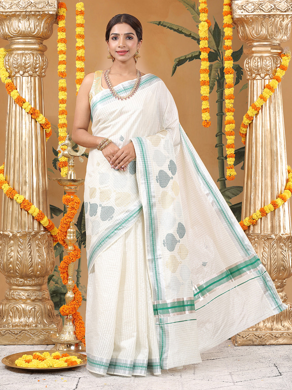 Off-White Silver Striped Set Saree with Silver-Green Buttas and Green Border Accent