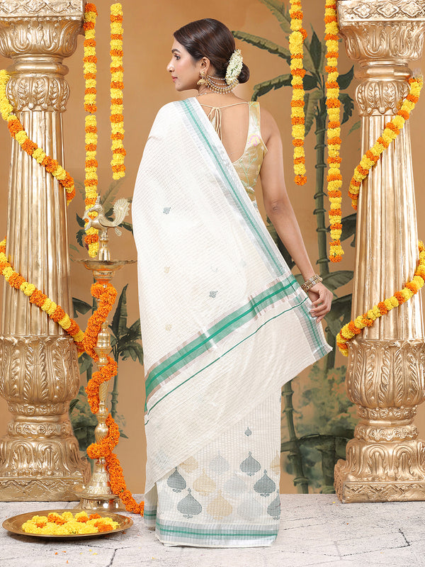 Off-White Silver Striped Set Saree with Silver-Green Buttas and Green Border Accent