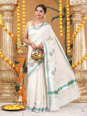 Off-White Silver Striped Set Saree with Silver-Green Buttas and Green Border Accent