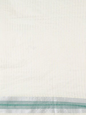 Off-White Silver Striped Set Saree with Silver-Green Buttas and Green Border Accent
