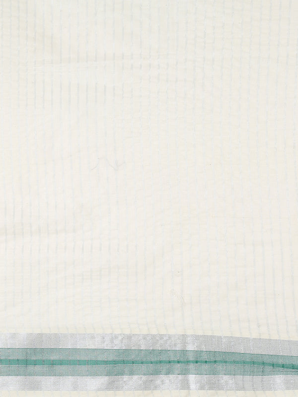 Off-White Silver Striped Set Saree with Silver-Green Buttas and Green Border Accent