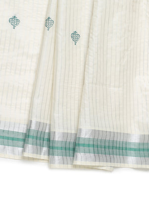Off-White Silver Striped Set Saree with Silver-Green Buttas and Green Border Accent