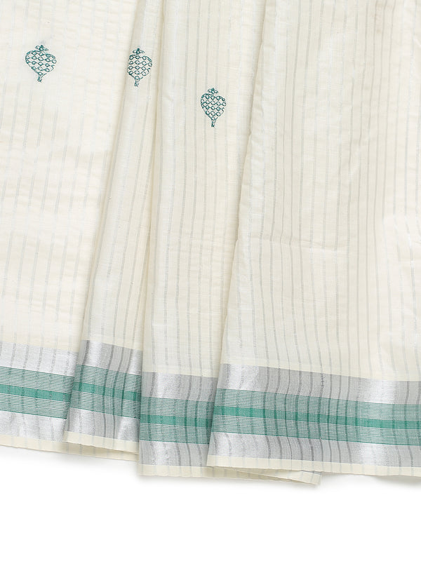 Off-White Silver Striped Set Saree with Silver-Green Buttas and Green Border Accent