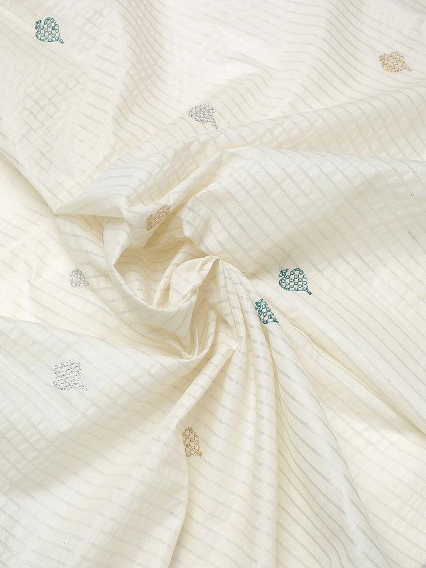 Off-White Silver Striped Set Saree with Silver-Green Buttas and Green Border Accent