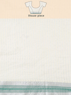 Off-White Silver Striped Set Saree with Silver-Green Buttas and Green Border Accent