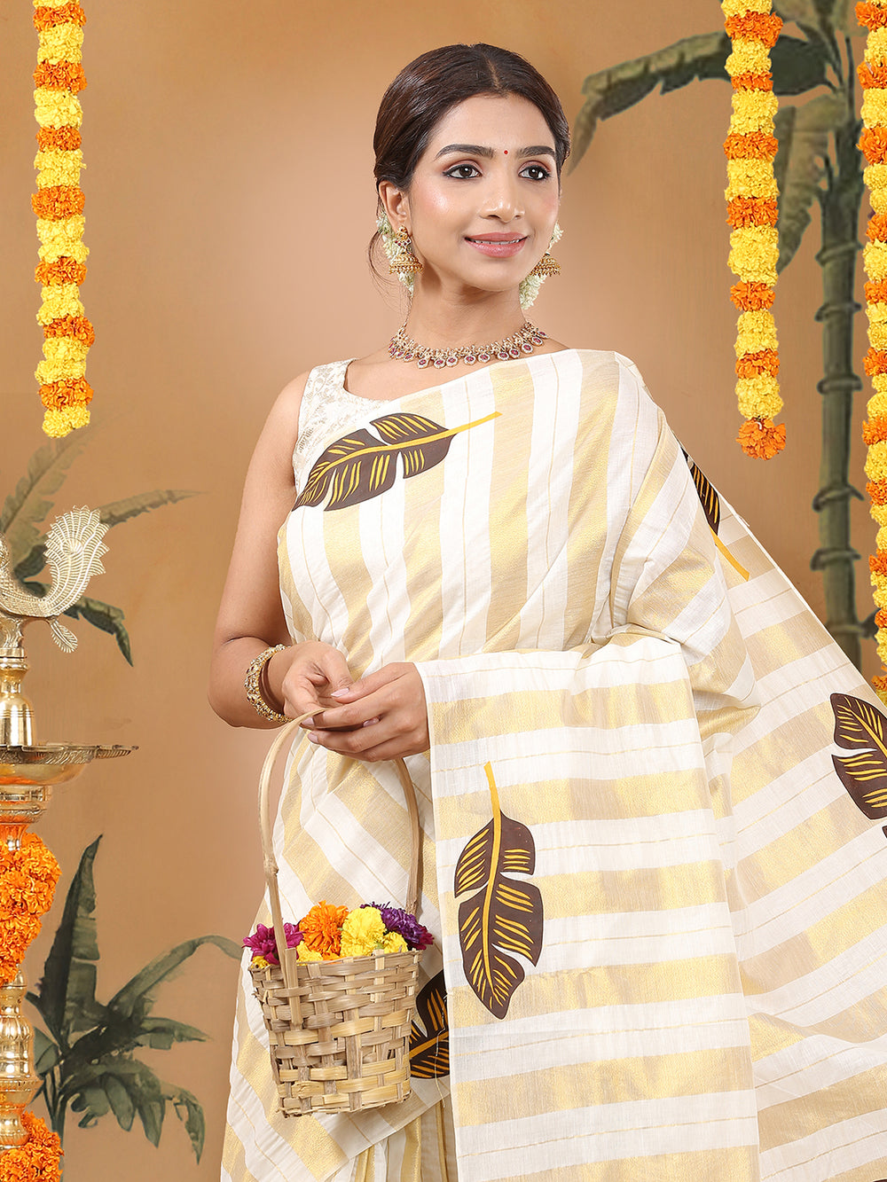 Borderless Off-White Golden Multi Sized Striped Cotton Saree with Coffee Brown Leaf Printed Buttas