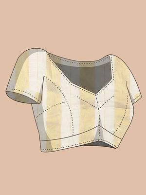 Borderless Off-White Golden Multi Sized Striped Cotton Saree with Coffee Brown Leaf Printed Buttas