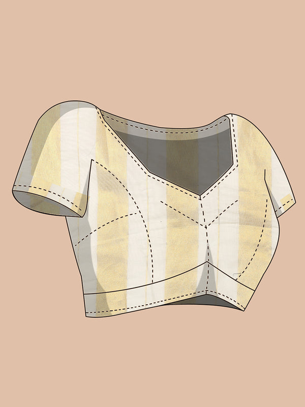 Borderless Off-White Golden Multi Sized Striped Cotton Saree with Coffee Brown Leaf Printed Buttas