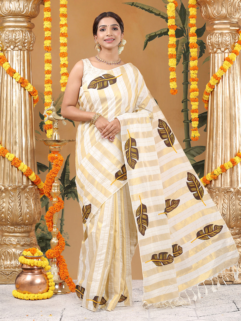 Borderless Off-White Golden Multi Sized Striped Cotton Saree with Coffee Brown Leaf Printed Buttas