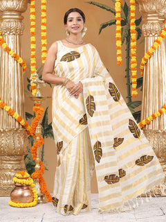 Borderless Off-White Golden Multi Sized Striped Cotton Saree with Coffee Brown Leaf Printed Buttas