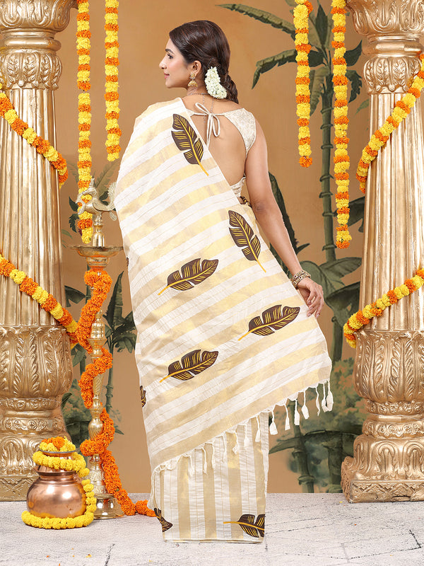 Borderless Off-White Golden Multi Sized Striped Cotton Saree with Coffee Brown Leaf Printed Buttas