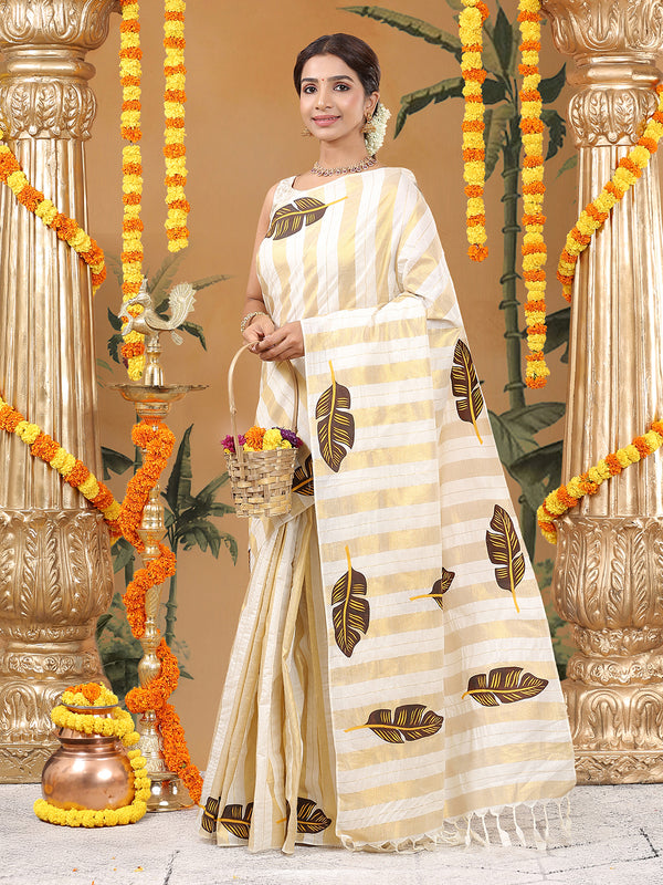 Borderless Off-White Golden Multi Sized Striped Cotton Saree with Coffee Brown Leaf Printed Buttas