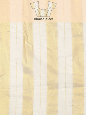 Borderless Off-White Golden Multi Sized Striped Cotton Saree with Coffee Brown Leaf Printed Buttas