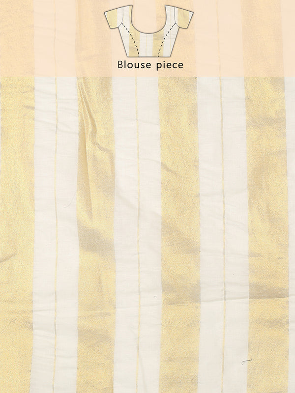 Borderless Off-White Golden Multi Sized Striped Cotton Saree with Coffee Brown Leaf Printed Buttas