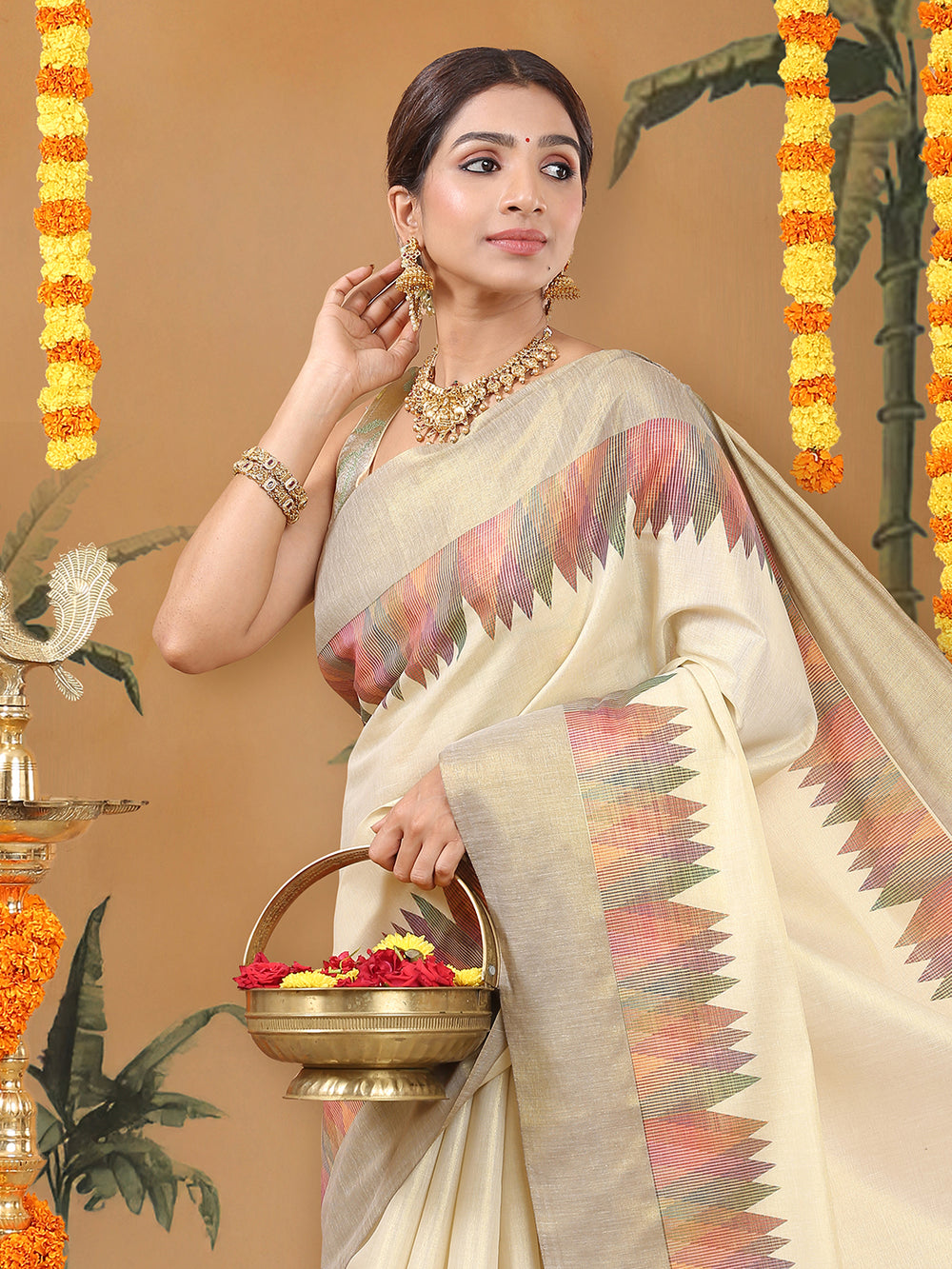 Golden Tissue Set Saree with Multi Color Temple-Inspired Motifs Print and Coffee Brown Border
