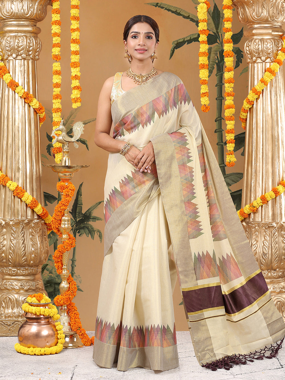Golden Tissue Set Saree with Multi Color Temple-Inspired Motifs Print and Coffee Brown Border