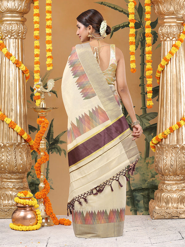 Golden Tissue Set Saree with Multi Color Temple-Inspired Motifs Print and Coffee Brown Border