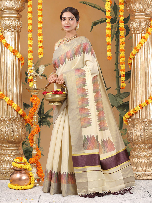 Golden Tissue Set Saree with Multi Color Temple-Inspired Motifs Print and Coffee Brown Border