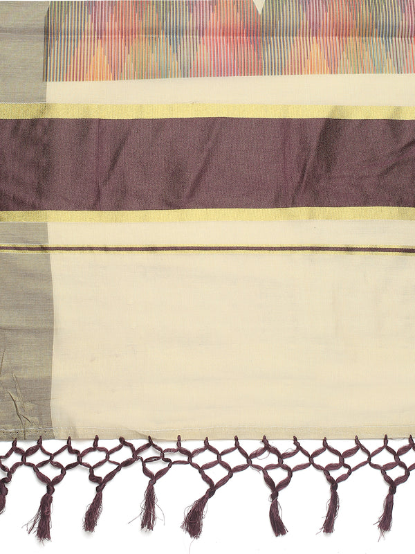 Golden Tissue Set Saree with Multi Color Temple-Inspired Motifs Print and Coffee Brown Border