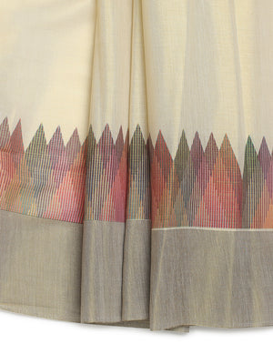 Golden Tissue Set Saree with Multi Color Temple-Inspired Motifs Print and Coffee Brown Border