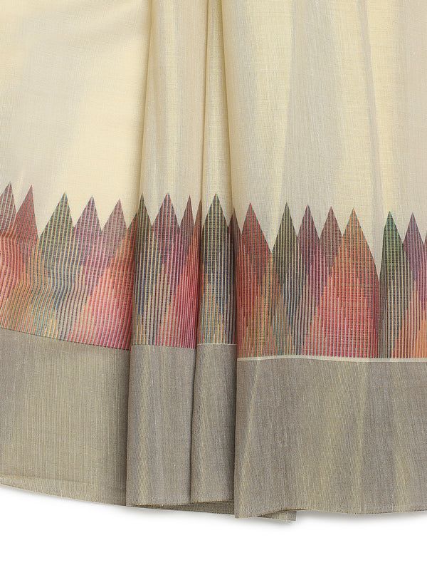 Golden Tissue Set Saree with Multi Color Temple-Inspired Motifs Print and Coffee Brown Border