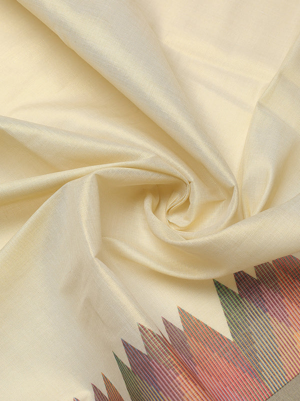 Golden Tissue Set Saree with Multi Color Temple-Inspired Motifs Print and Coffee Brown Border