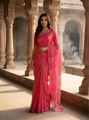 Crushed Organza Saree with Gold Striped Weave