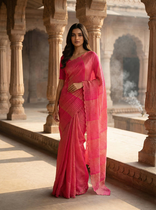 Crushed Organza Saree with Gold Striped Weave