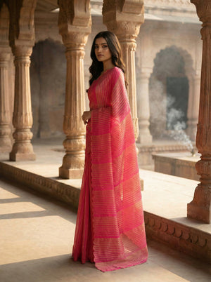 Crushed Organza Saree with Gold Striped Weave