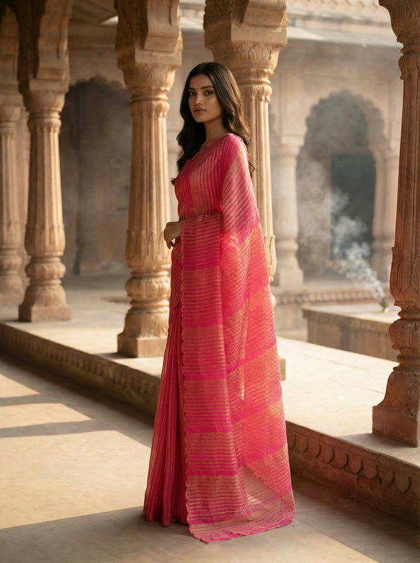 Crushed Organza Saree with Gold Striped Weave