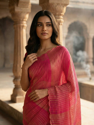 Crushed Organza Saree with Gold Striped Weave