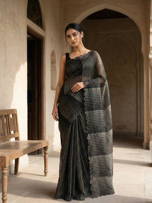 Crushed Organza Saree with Gold Striped Weave