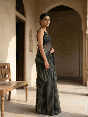 Crushed Organza Saree with Gold Striped Weave