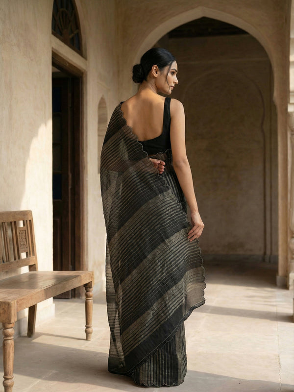 Crushed Organza Saree with Gold Striped Weave