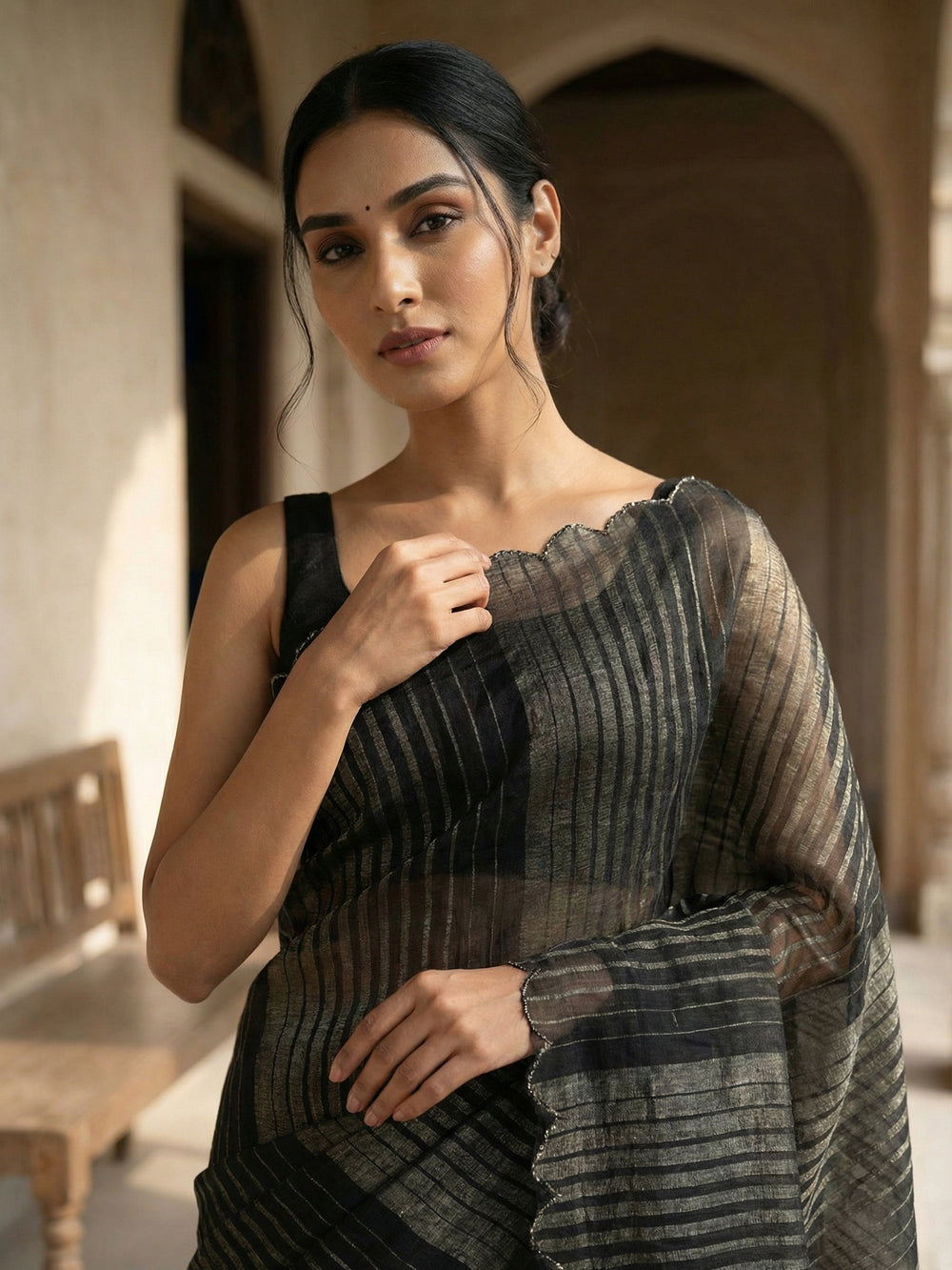 Crushed Organza Saree with Gold Striped Weave