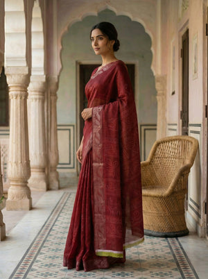 Maroon Red Semi Silk Saree with Traditional Motifs and Woven Border