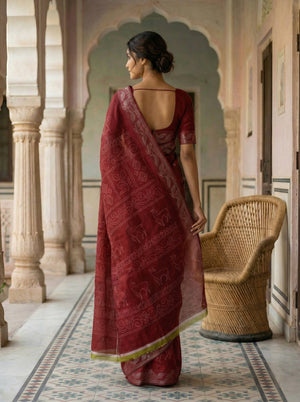 Maroon Red Semi Silk Saree with Traditional Motifs and Woven Border