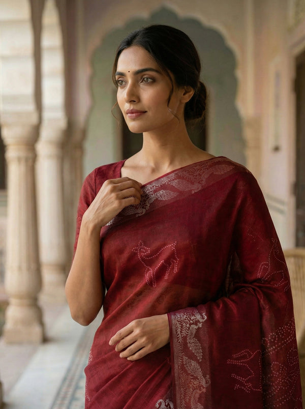 Maroon Red Semi Silk Saree with Traditional Motifs and Woven Border
