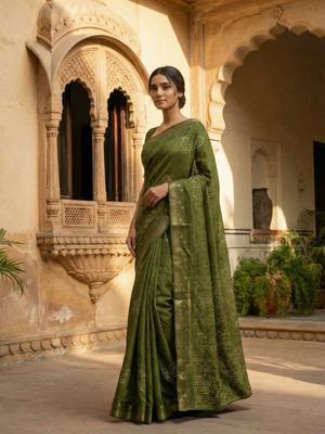 Olive Green Semi Silk Saree with Bandhani Motifs & Antique Gold Border