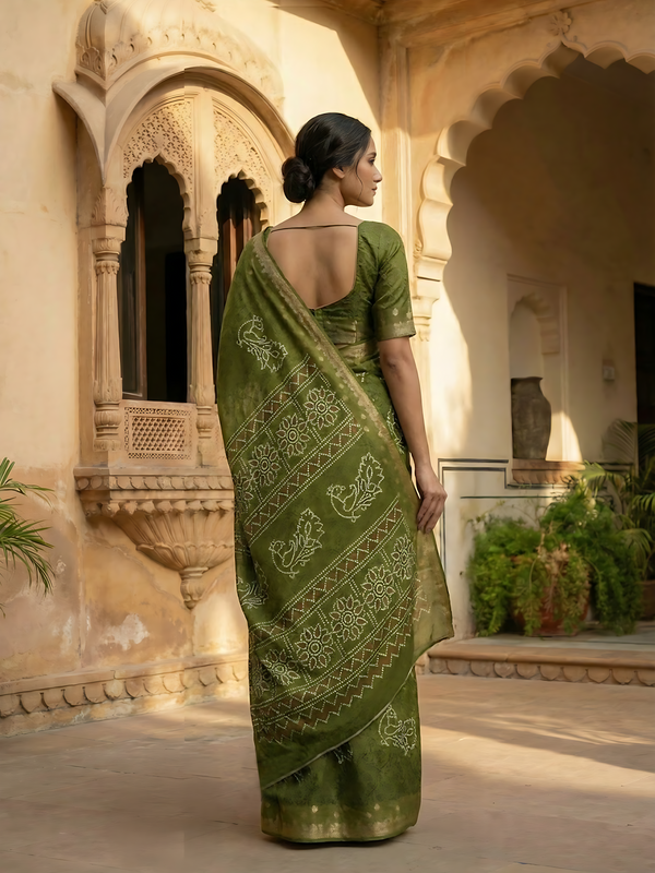 Olive Green Semi Silk Saree with Bandhani Motifs & Antique Gold Border