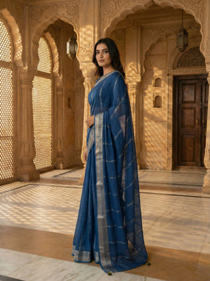 Georgette Striped Saree with Zari Border and Printed Blouse