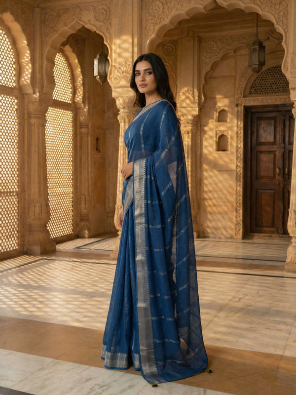 Georgette Striped Saree with Zari Border and Printed Blouse