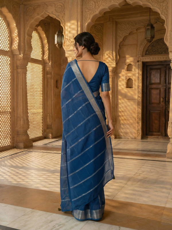 Georgette Striped Saree with Zari Border and Printed Blouse