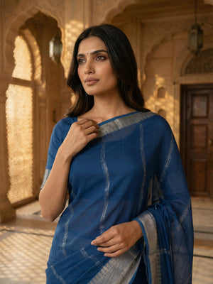 Georgette Striped Saree with Zari Border and Printed Blouse