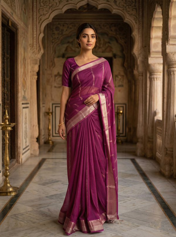 Georgette Striped Saree with Zari Border and Printed Blouse