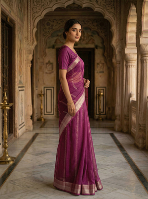 Georgette Striped Saree with Zari Border and Printed Blouse